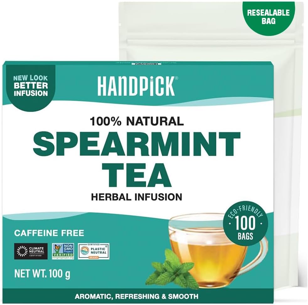 HANDPICK | SPEARMINT TEA BAGS (100 COUNT) NON-GMO, 100% PURE SPEARMINT LEAF TEA BAGS CERTIFIED BY TEA BOARD OF INDIA