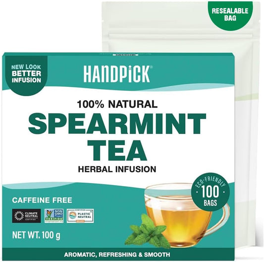 HANDPICK | SPEARMINT TEA BAGS (100 COUNT) NON-GMO, 100% PURE SPEARMINT LEAF TEA BAGS CERTIFIED BY TEA BOARD OF INDIA