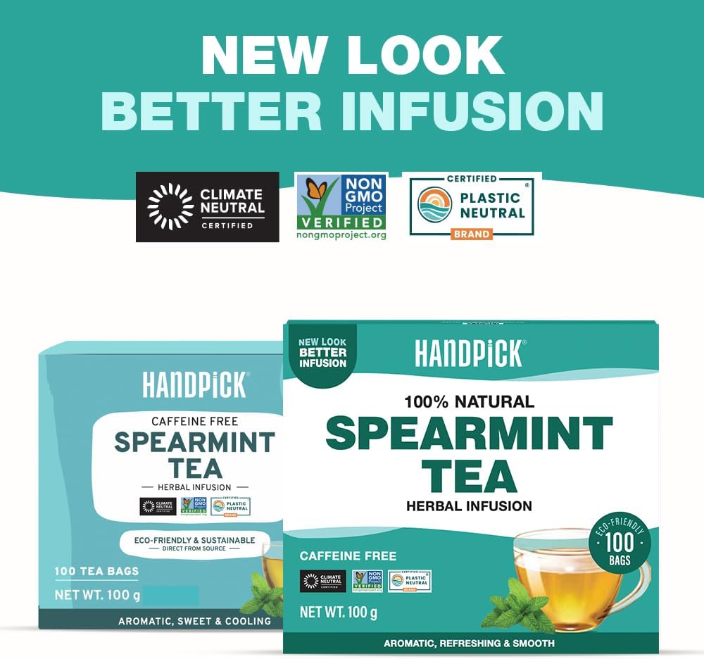 HANDPICK | SPEARMINT TEA BAGS (100 COUNT) NON-GMO, 100% PURE SPEARMINT LEAF TEA BAGS CERTIFIED BY TEA BOARD OF INDIA
