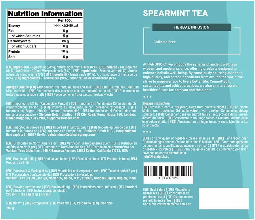 HANDPICK | SPEARMINT TEA BAGS (100 COUNT) NON-GMO, 100% PURE SPEARMINT LEAF TEA BAGS CERTIFIED BY TEA BOARD OF INDIA